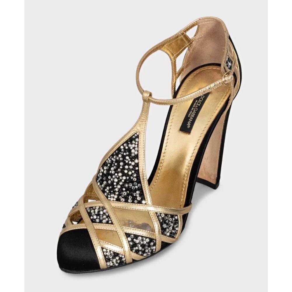 Dolce & Gabbana Black Textile Gold Crystal Pumps Sz 39 - Picture 2 of 4